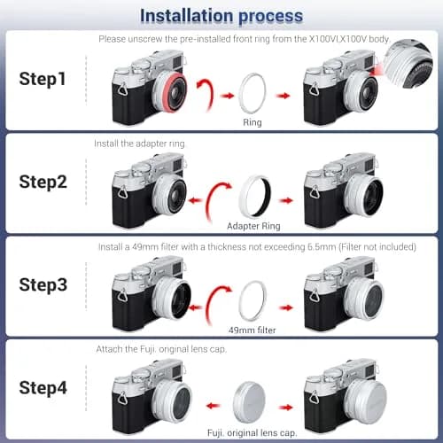 JJC Metal Lens Filter Adapter Ring for Fuji X100VI X100V X100F X100T X100S X100 X70 Cameras | Attaches 49mm Filters & Fuji FLCP-49 Lens Cap thumbnail 4