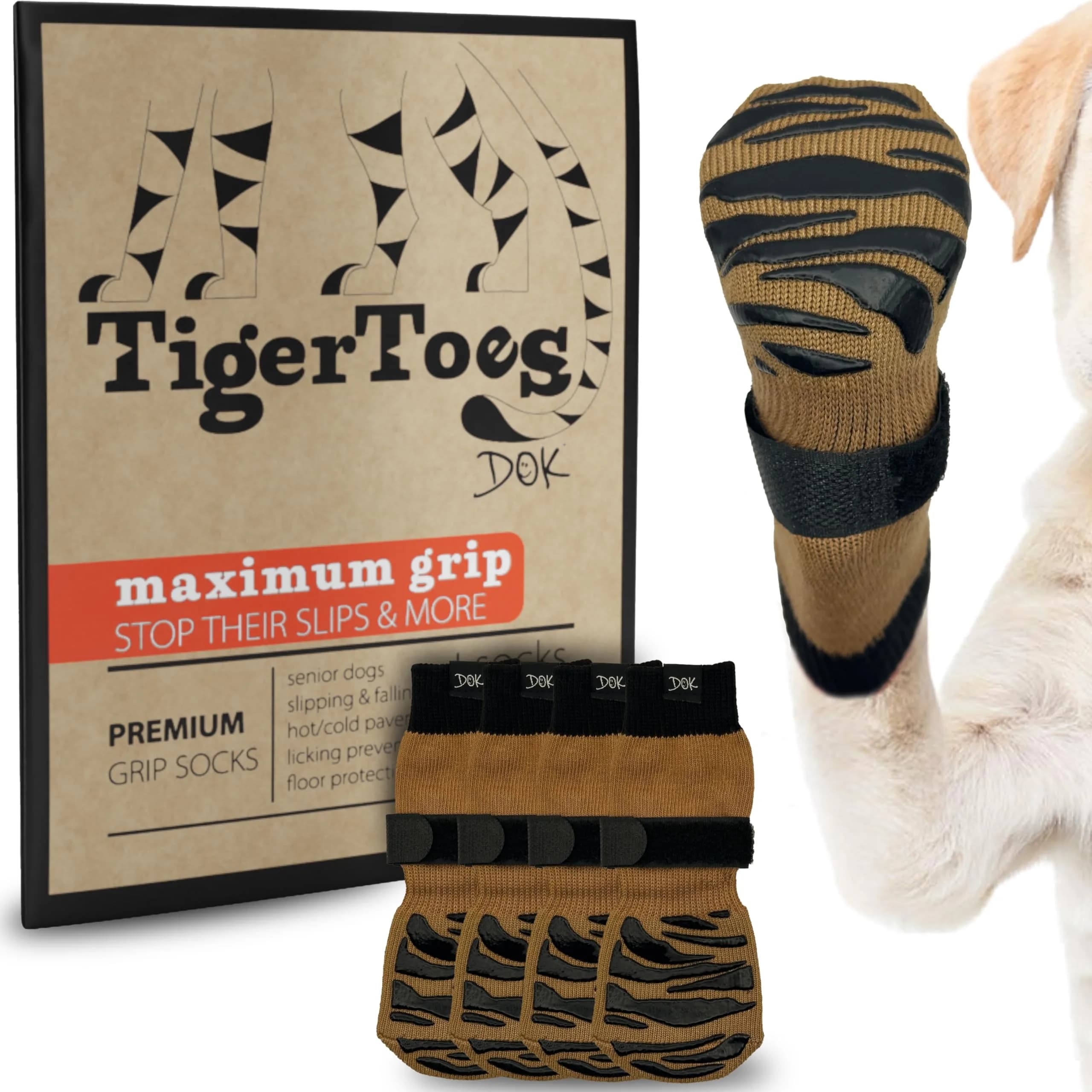 DOK TigerToes XXL Dog Socks (4-Pack, Cool Caramel) | Non-Slip Grip for Hardwood Floors & Senior Dogs