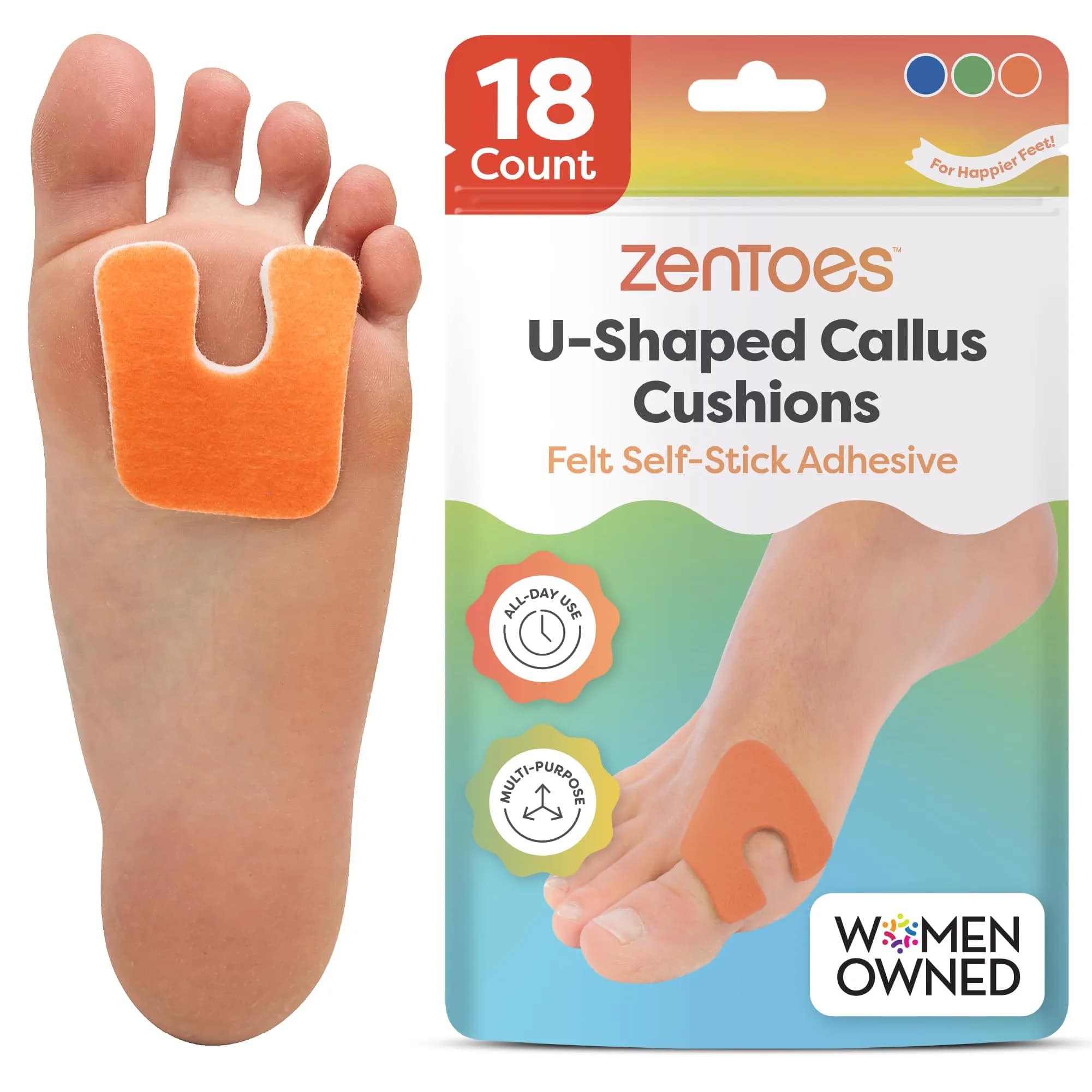ZenToes U-Shaped Felt Callus Pads 18 Count | Cushioning for Foot Pain Relief