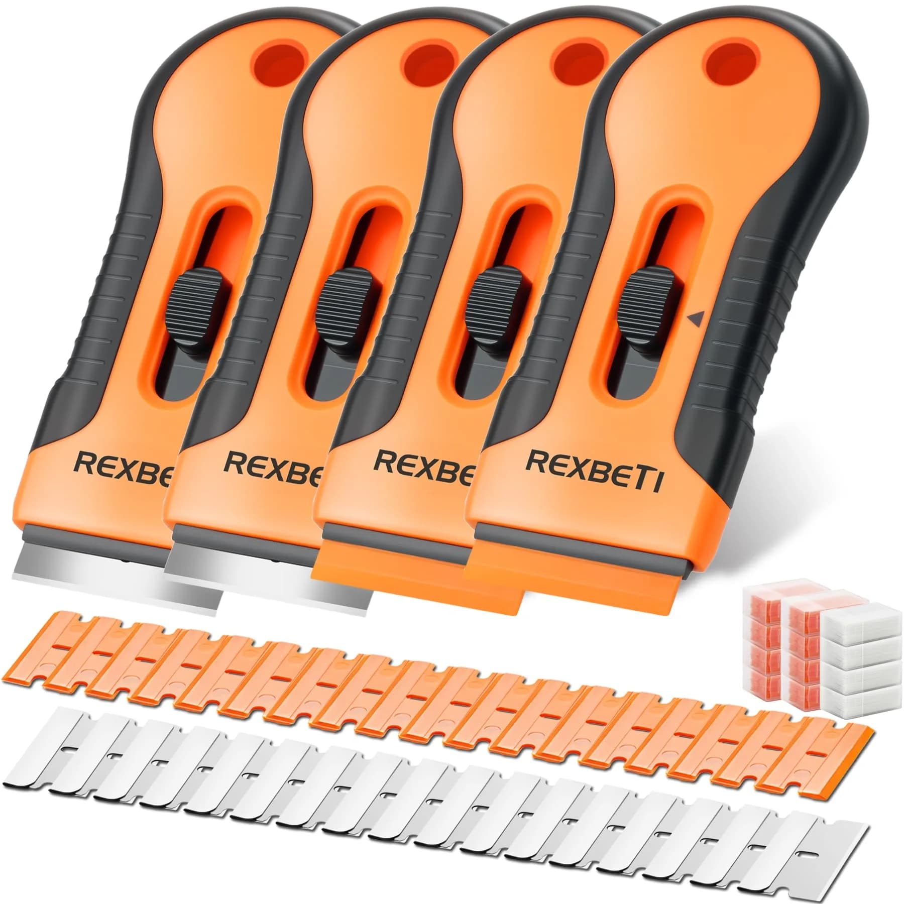 REXBETI Razor Blade Scraper Tool 4 Pack | Heavy Duty Glass Stovetop & Wood Floor Cleaner
