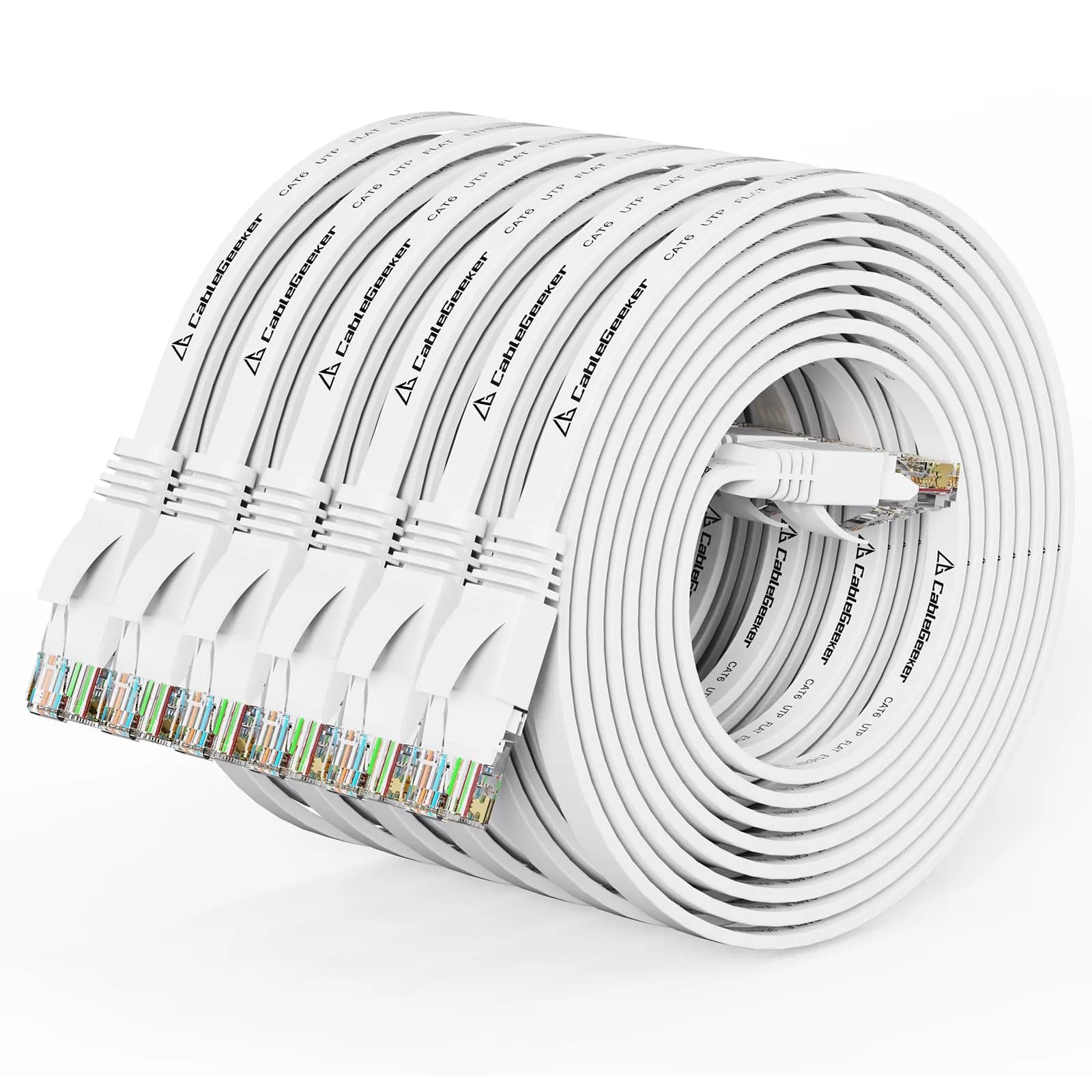 CableGeeker Cat 6 Flat Ethernet Cable 7ft | 10Gbps, White, Multi-Pack