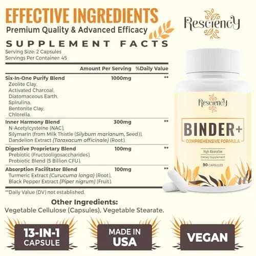 Resciency Detox Binder Supplement – Activated Charcoal, Zeolite, Bentonite Clay, Milk Thistle, 90 Vegan Capsules | Liver & Gut Support thumbnail 2