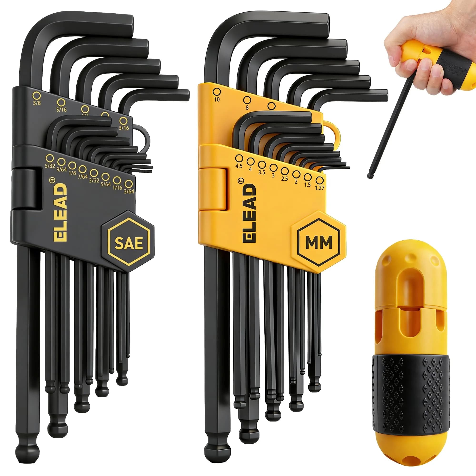 ELEAD 27-Piece Hex Key Allen Wrench Set with Grip Handle, Long & Short Arms, Ball End, Metric & SAE Sizes | Heat-Treated Chrome Vanadium Steel