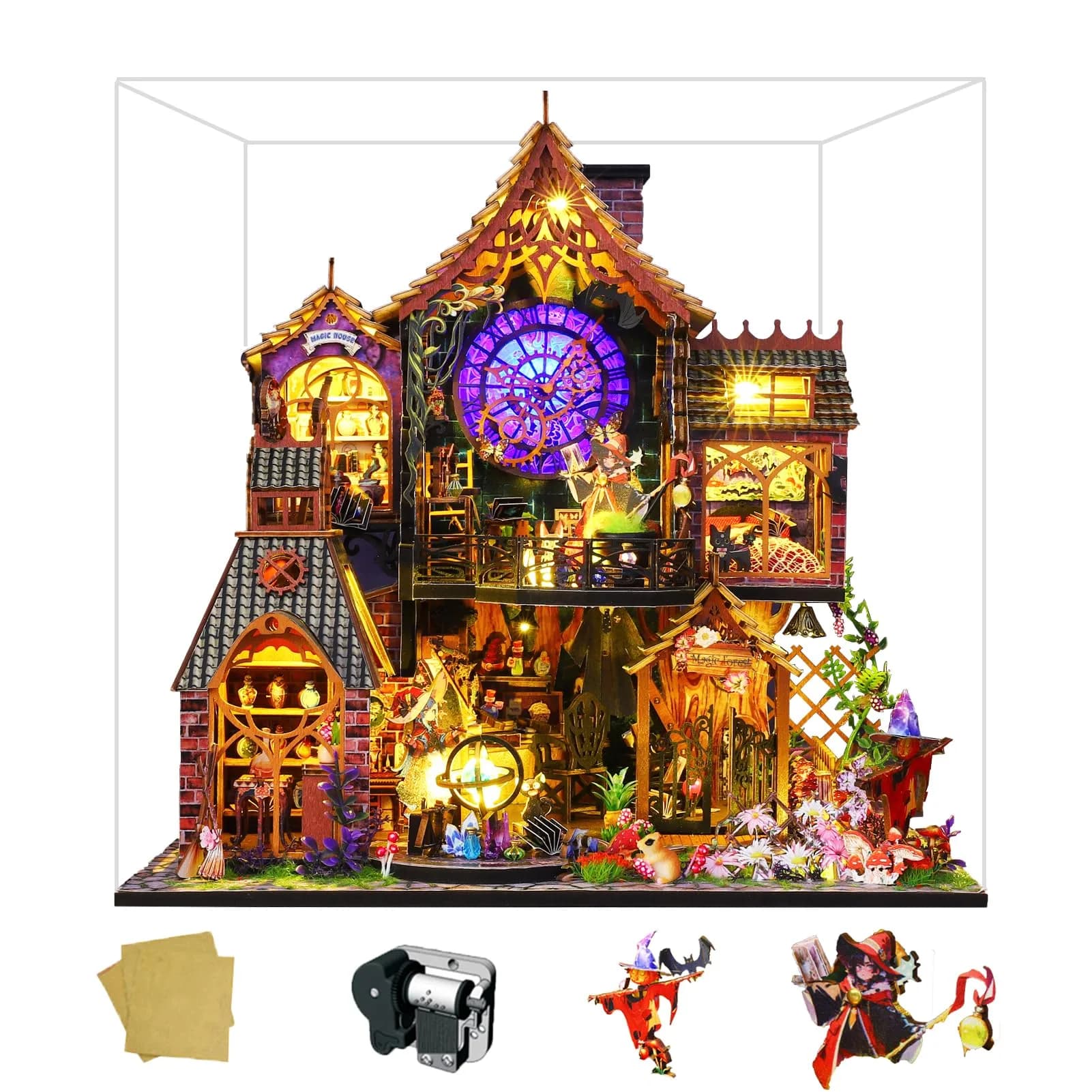 Spilay Miniature Dollhouse Kit 11.41x9.44x8.46inch | Creative DIY Home Decor — Magic Forest With Dust Cover Music Box