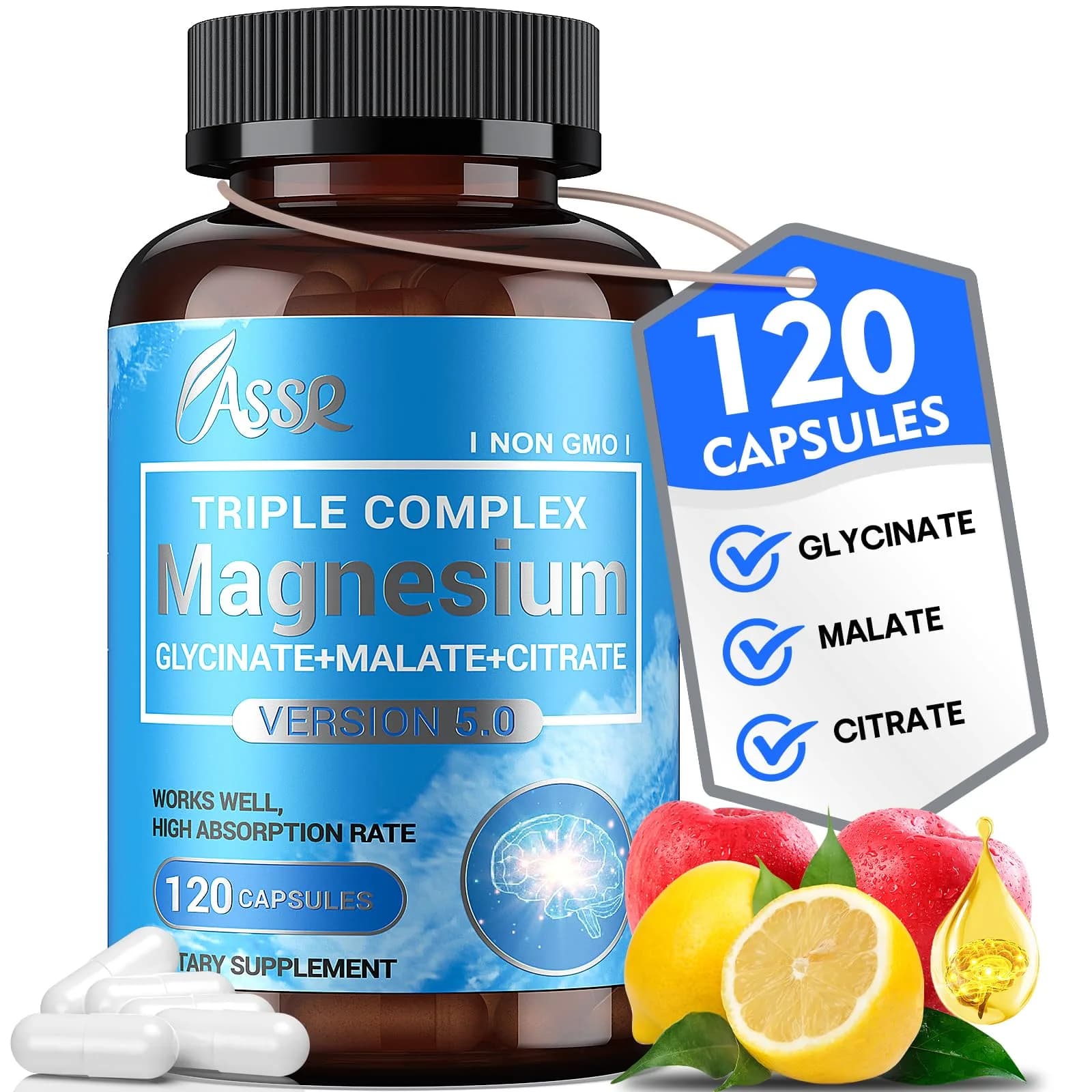 ASSR Triple Magnesium Complex 300mg | Supports Sleep, Energy & Relaxation, Vegan, Non-GMO, 120 Capsules - main product image