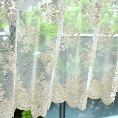 Kotile Beige Lace Valance Curtain for Kitchen Window 52 x 18 Inch | Vintage Floral Sheer Window Topper thumbnail 1