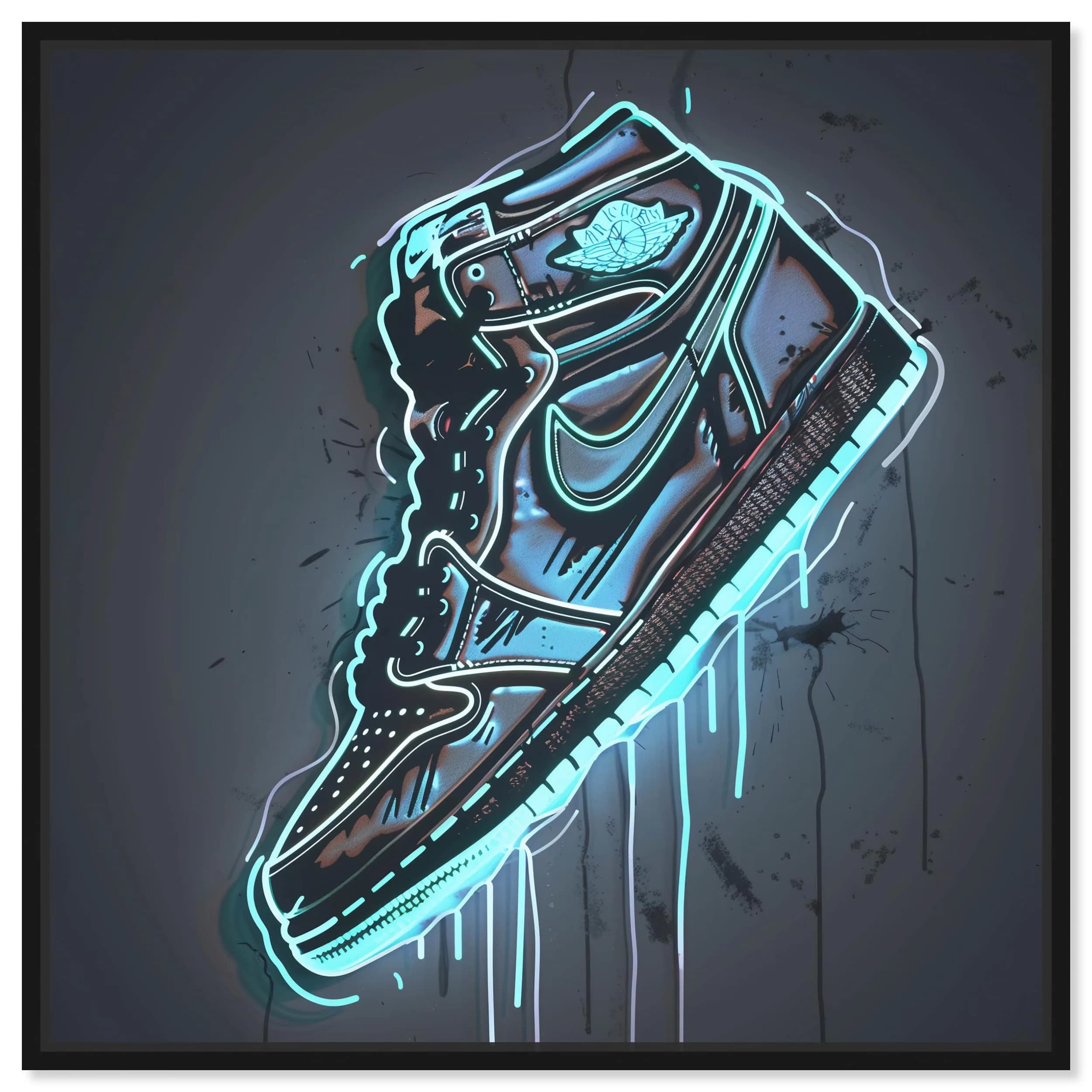 NotoriArt Blue Glow Sneaker Framed Canvas Wall Art 31" x 31" | Modern Fashion — Black Frame / 31"L x 31"W
