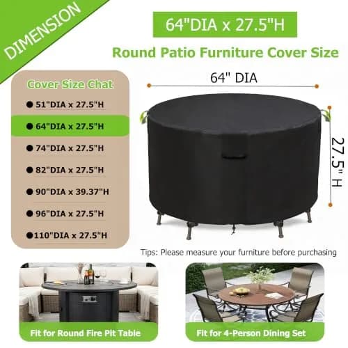 TIFILE Round Patio Furniture Cover 64" Dia x 27.5"H (163cm Dia x 70cm H) | Waterproof Outdoor Table Cover for Indian Monsoons thumbnail 2