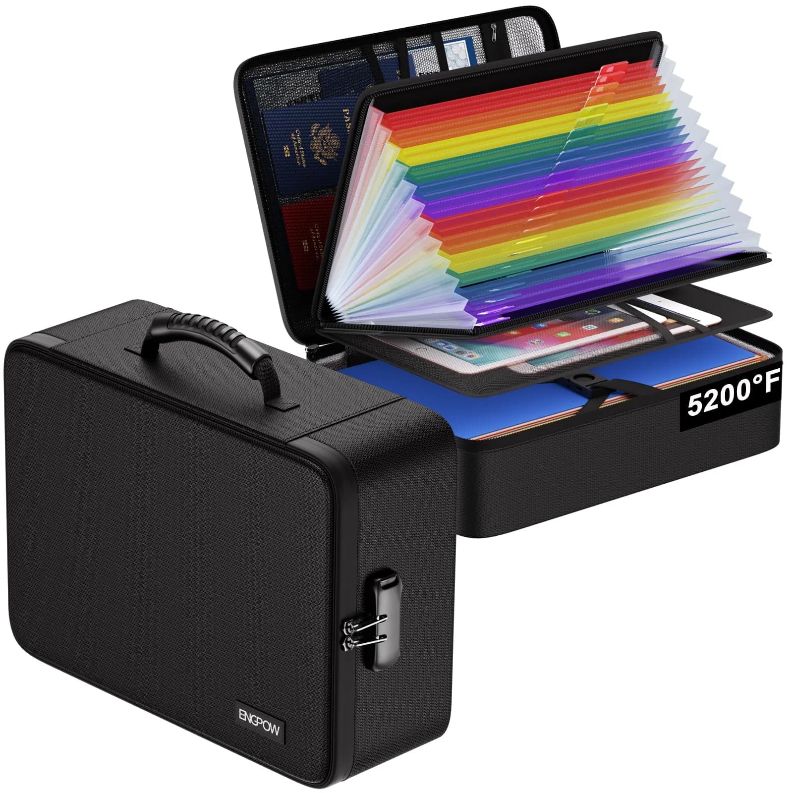 ENGPOW Fireproof File Organizer Bag with 13 Pockets Accordion File Folder & Lock, 1.38 kg (3 lb) | Protects Documents Up to 5200°F — Black / 16.1" x 12" x 5.1",Colorful