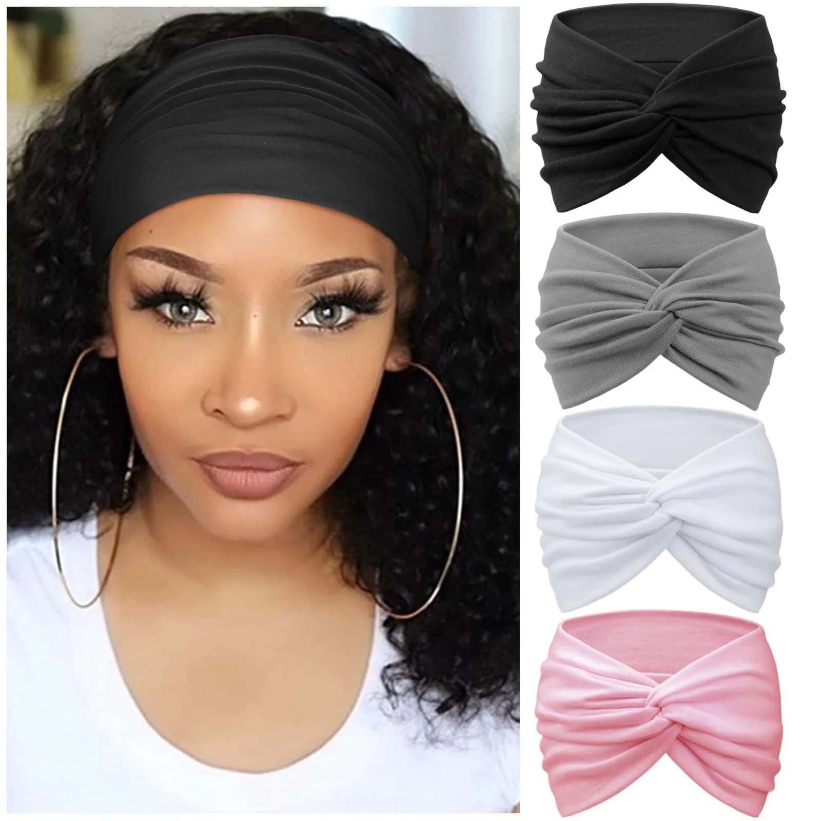 AQOKKA Extra Wide Headbands for Women Large Turban Headband 18cm (7.1in) | Boho Elastic Hairband with Twisted Knot - main product image