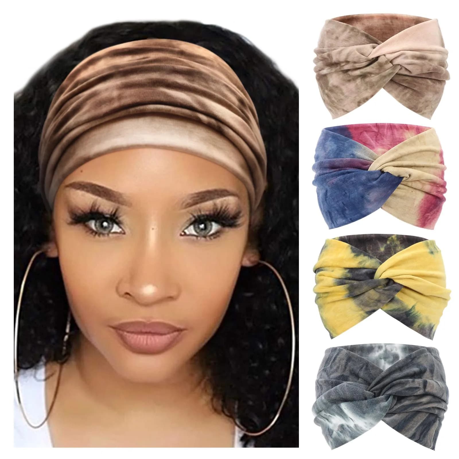 AQOKKA Extra Wide Headbands for Women Large Turban Headband Non Slip Boho Elastic Hairband Hair Twisted Knot Head Bands Accessories (4 Count, Set B)