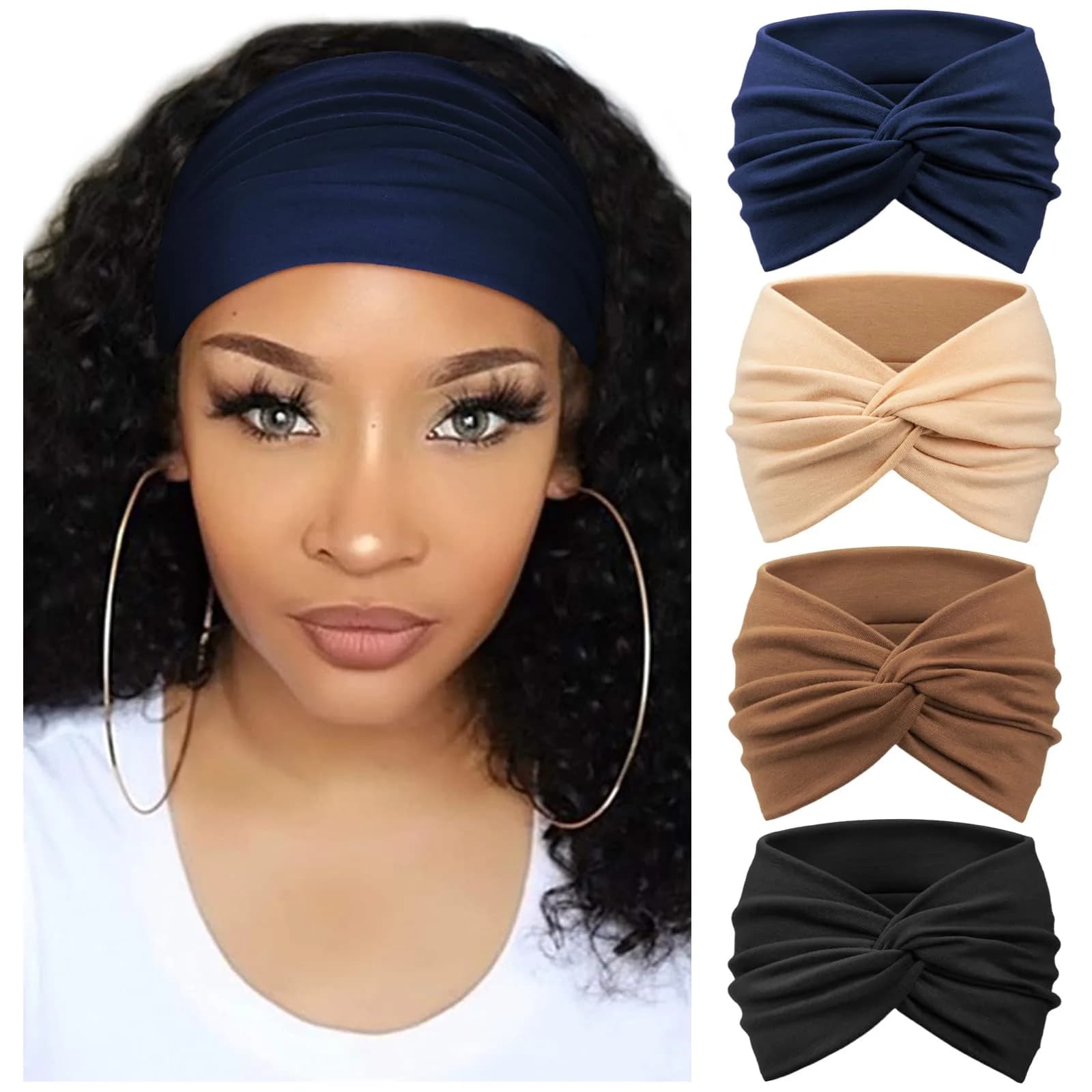 AQOKKA Extra Wide Turban Headbands for Women | 4-Pack Boho Elastic Hairband Accessories — Navy Blue, Black, Khaki, Brown