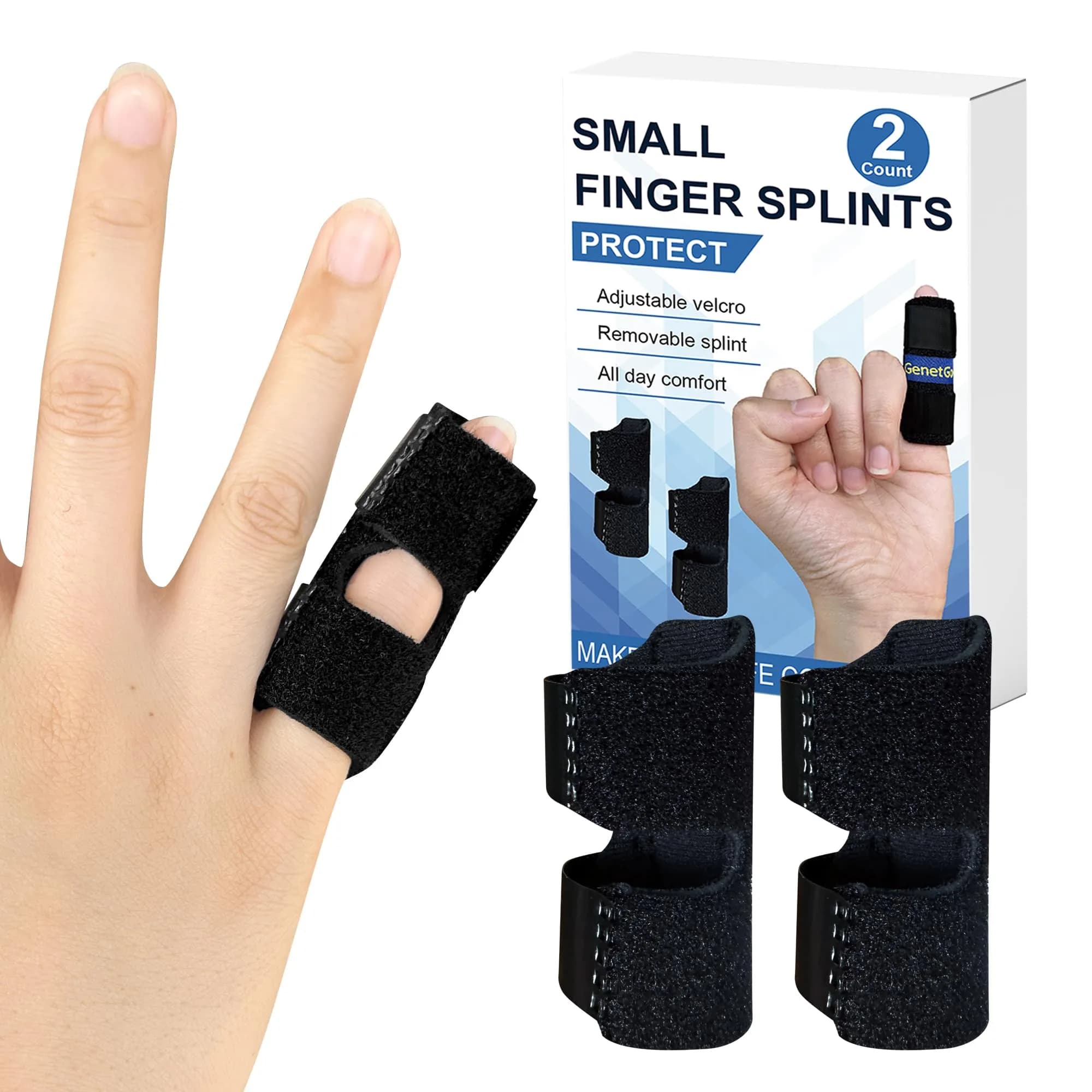 GenetGo Small Finger Splint 2 Pack Blue | Stabilizes Broken Pinky Finger for Arthritis Pain — Black