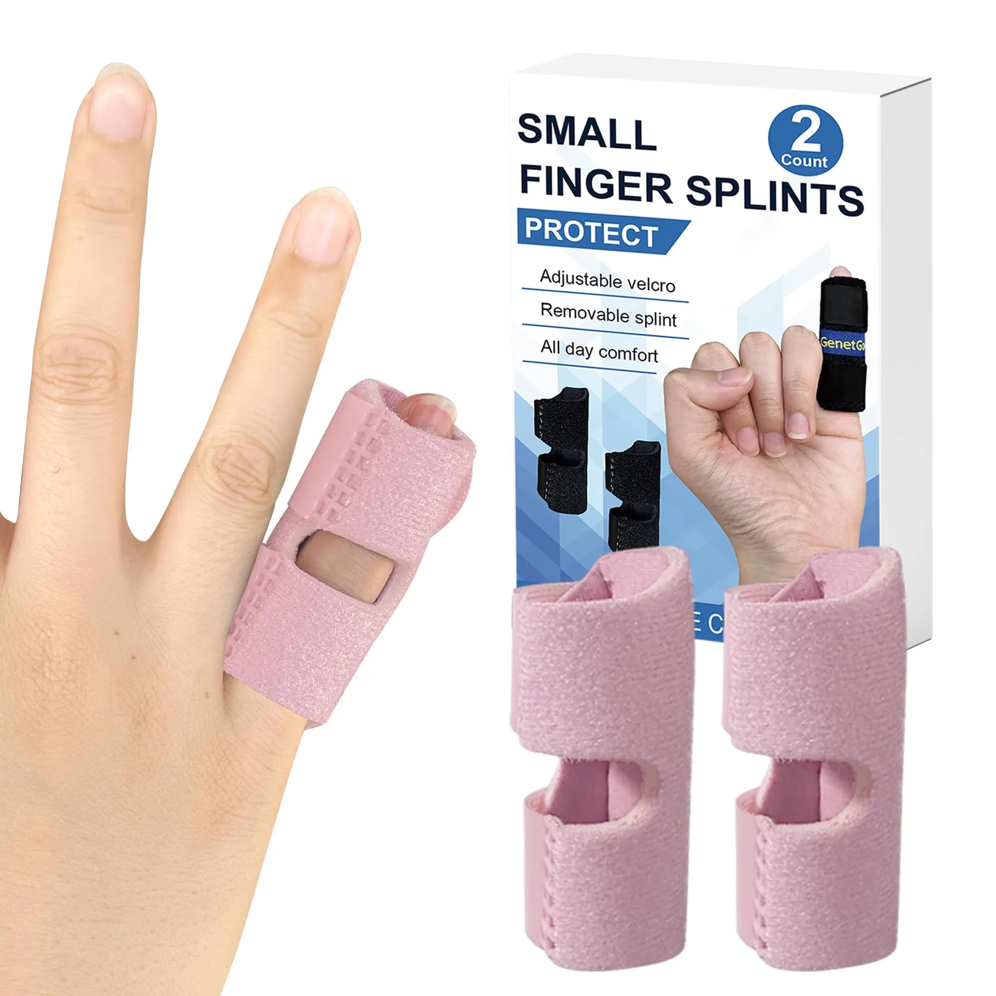 GenetGo Small Finger Splint 2 Pack Blue | Stabilizes Broken Pinky Finger for Arthritis Pain — Pink