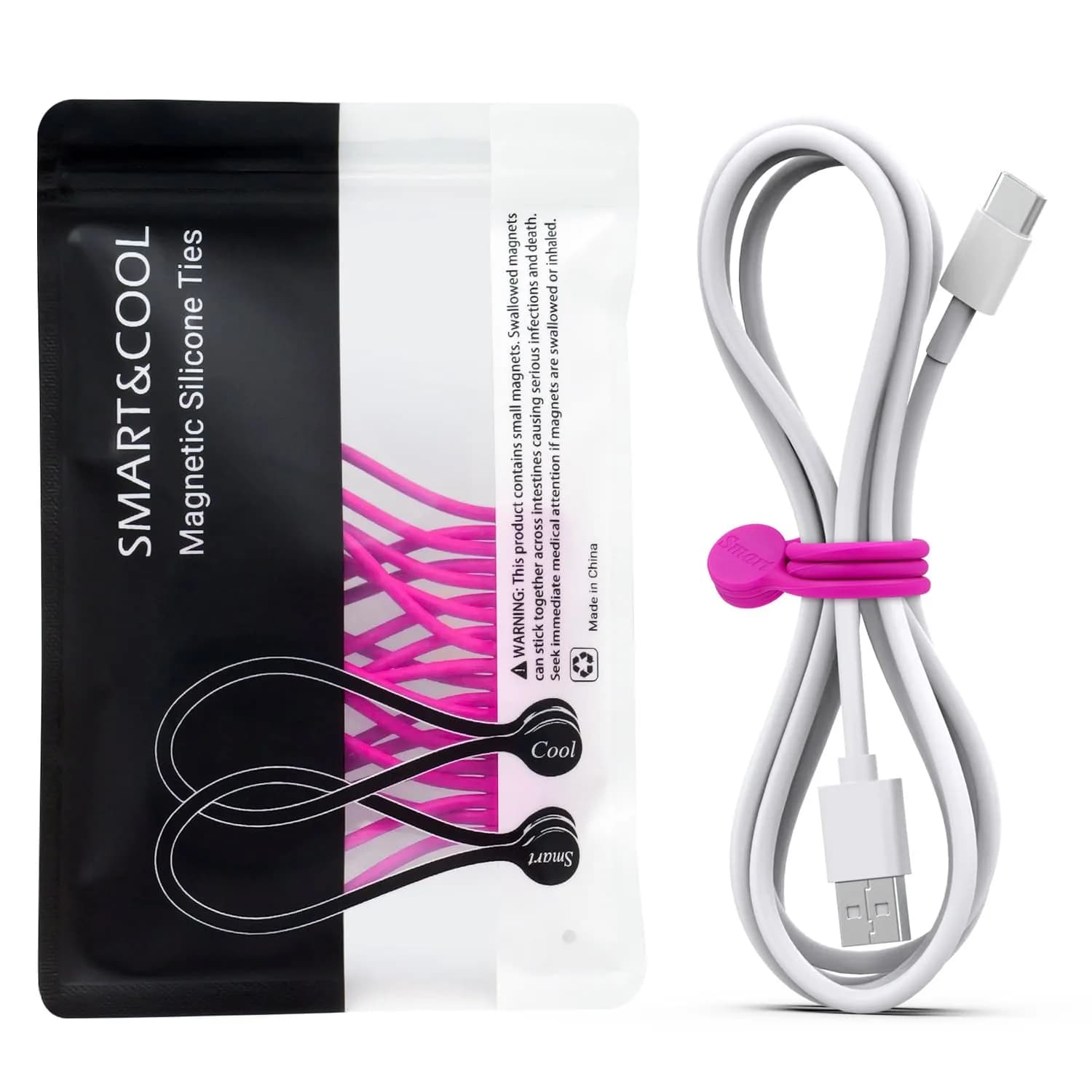 Smart&Cool Reusable Silicone Magnetic Cable Ties, Multicolored, 20-Pack | Flexible Cord Organizer for India — Pink