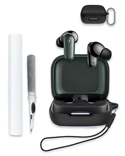 WUNIAK Black Silicone Case for Soundcore by Anker P30i Earbuds | Protective Portable Scratch Shock Resistant Hard Shell with Cleaner Kit & Carabiner & Lanyard thumbnail 1
