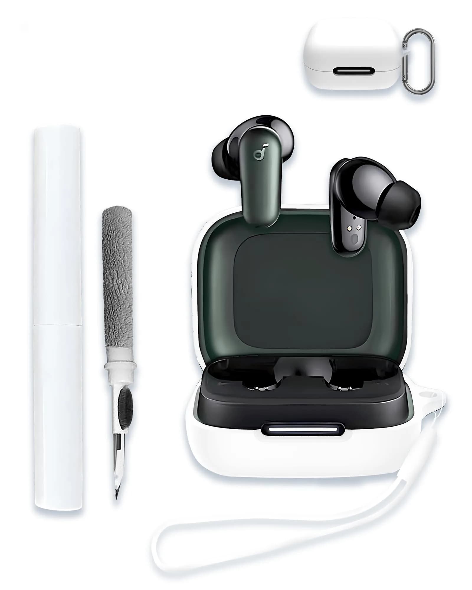 WUNIAK Green Silicone Case for Soundcore by Anker P30i Earbuds | Protective Portable Scratch Shock Resistant Hard Shell with Carabiner & Lanyard — White / For Soundcore P30i