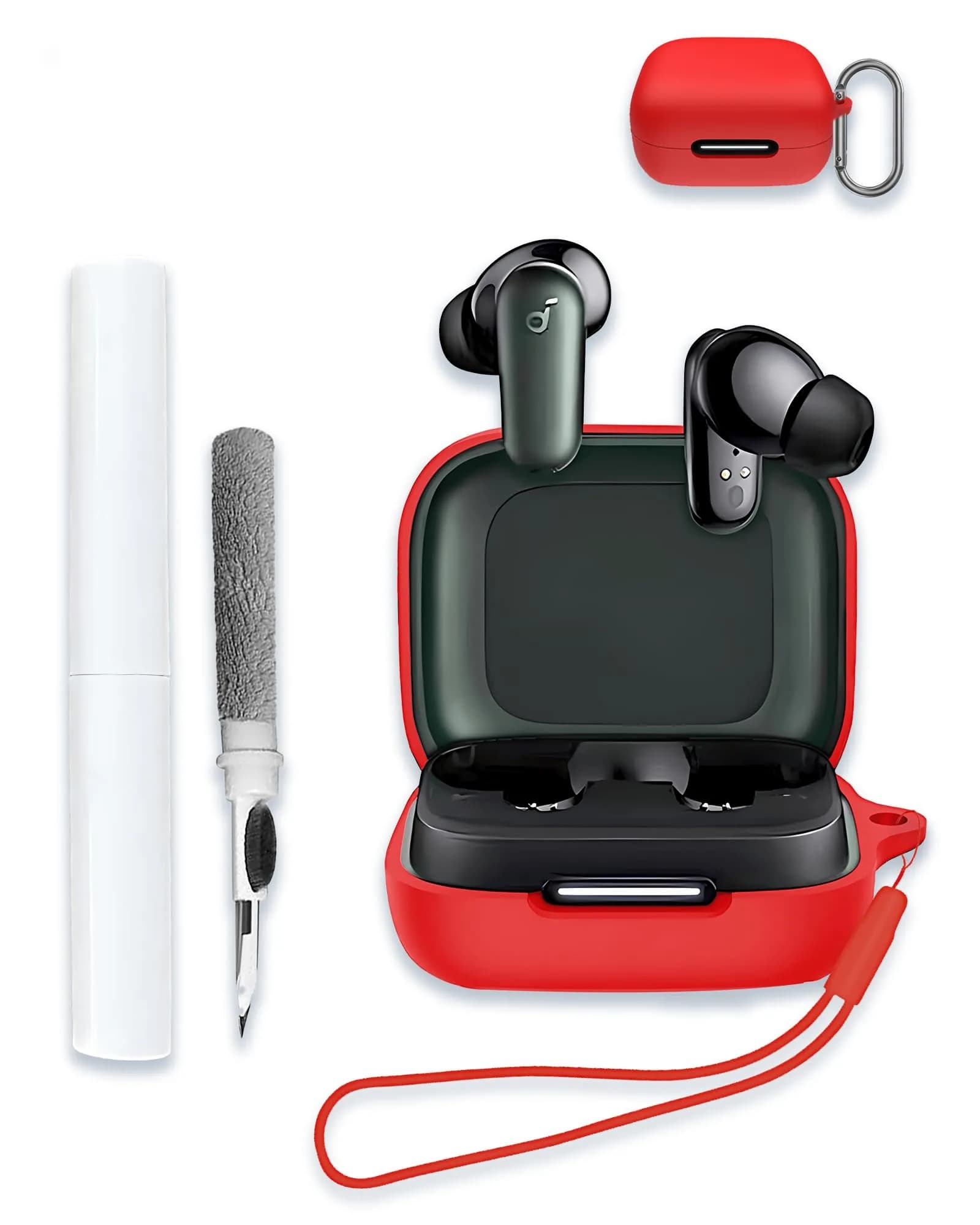 WUNIAK Green Silicone Case for Soundcore by Anker P30i Earbuds | Protective Portable Scratch Shock Resistant Hard Shell with Carabiner & Lanyard — Red / For Soundcore P30i