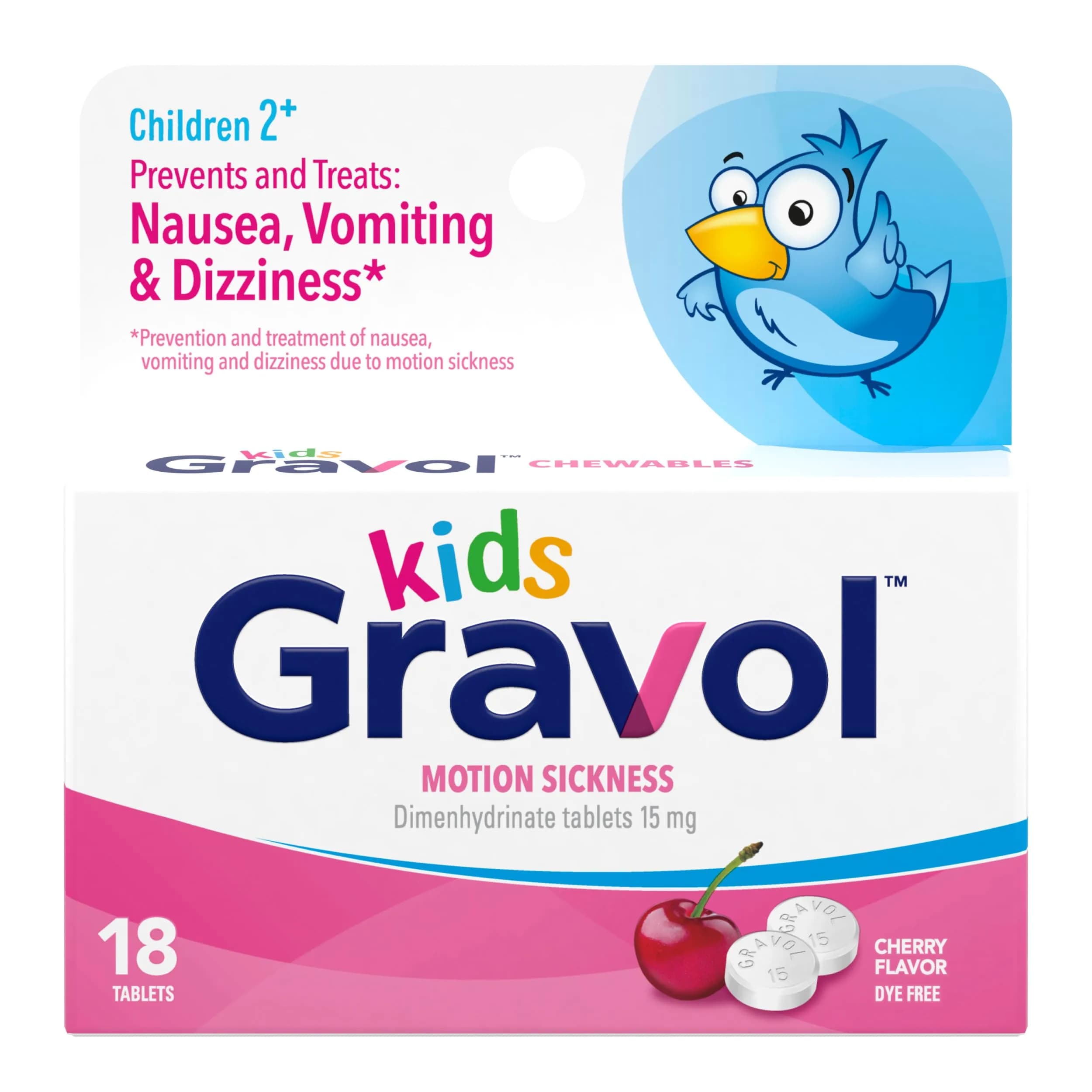 Gravol Kids Chewable Tablets, Cherry Flavor, 18ct | Fast Motion Sickness Relief for Children — Capsule