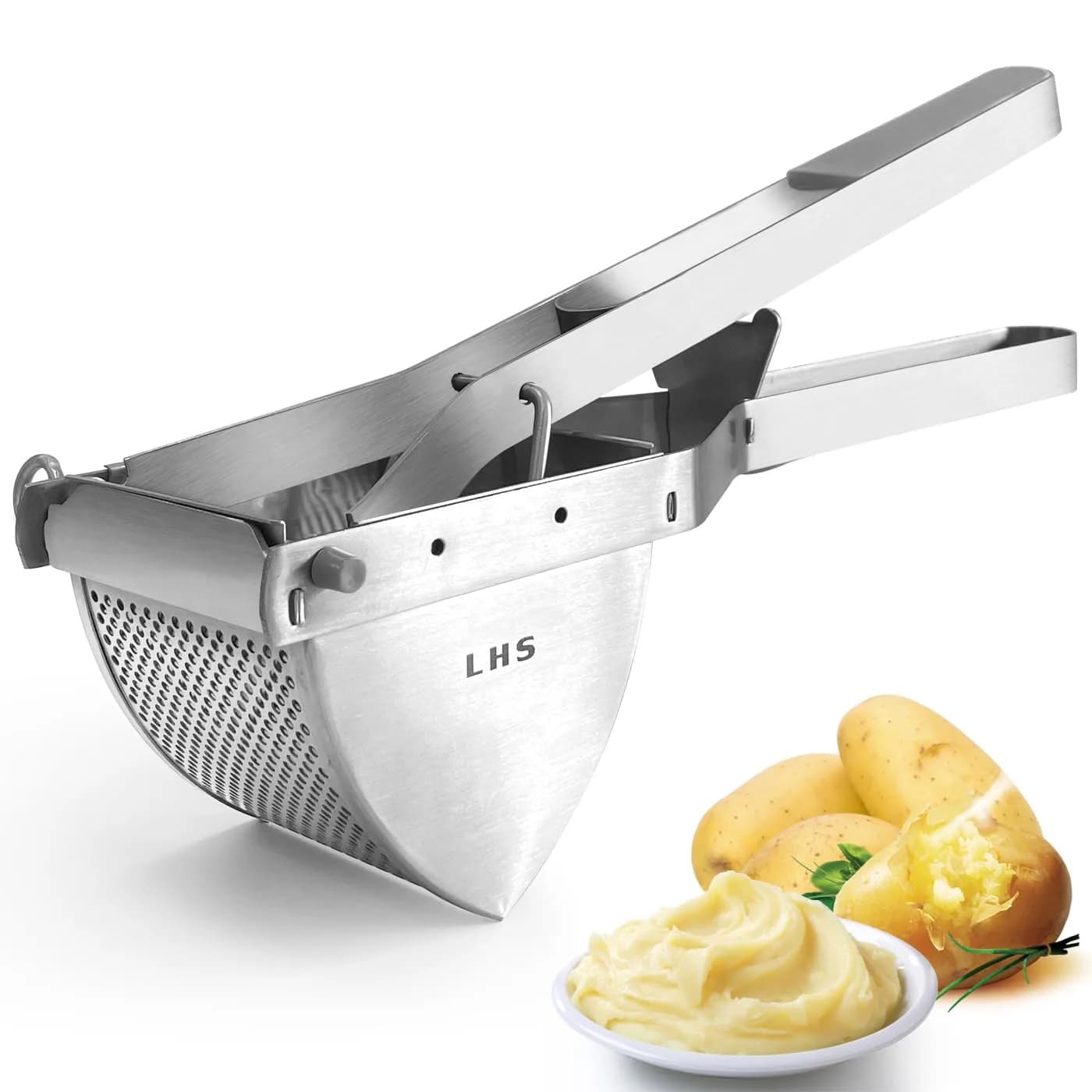 LHS Stainless Steel Potato Ricer and Masher, Heavy Duty Commercial Food Masher, Ergonomic Comfort Grip, Extra Large Capacity, Dishwasher Safe (Black) | 0.6 kg (1.32 lb) — Gray