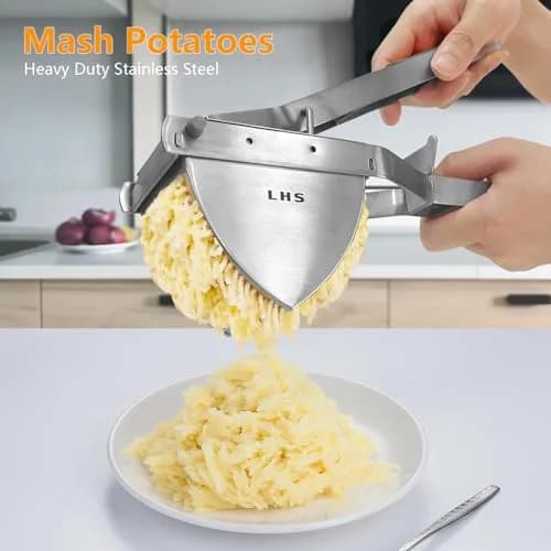 LHS Stainless Steel Potato Ricer and Masher, Heavy Duty Commercial Food Masher, Ergonomic Comfort Grip, Extra Large Capacity, Dishwasher Safe (Grey) | 0.6 kg (1.32 lb) thumbnail 2