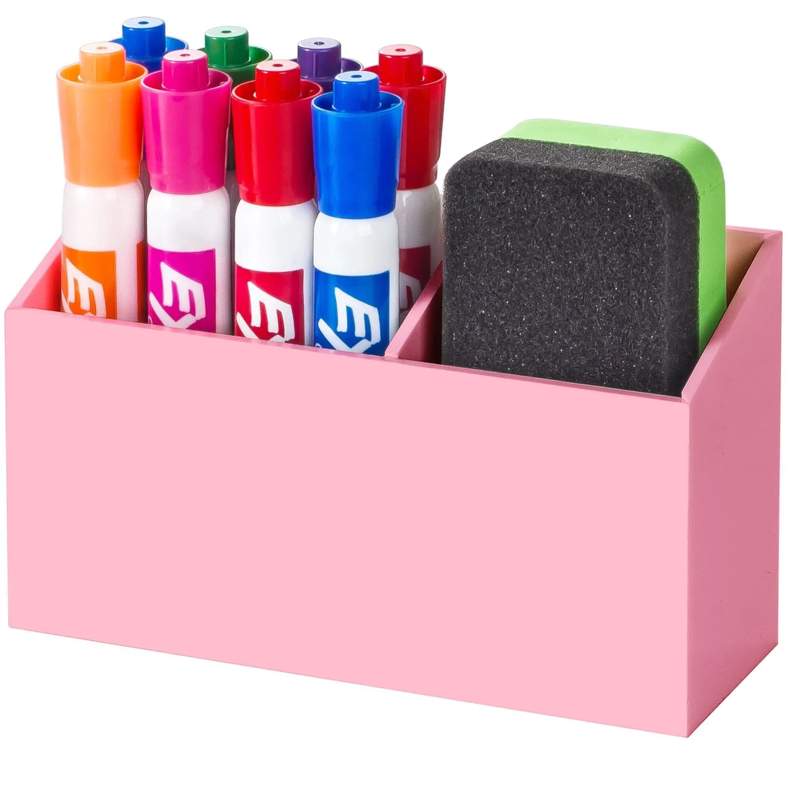 BEYGORM Magnetic Dry Erase Marker Holder with Anti-Slip Pad, 2 Compartments, Pink | 15.0 cm (5.9 in) Organizer for Whiteboards & Fridges