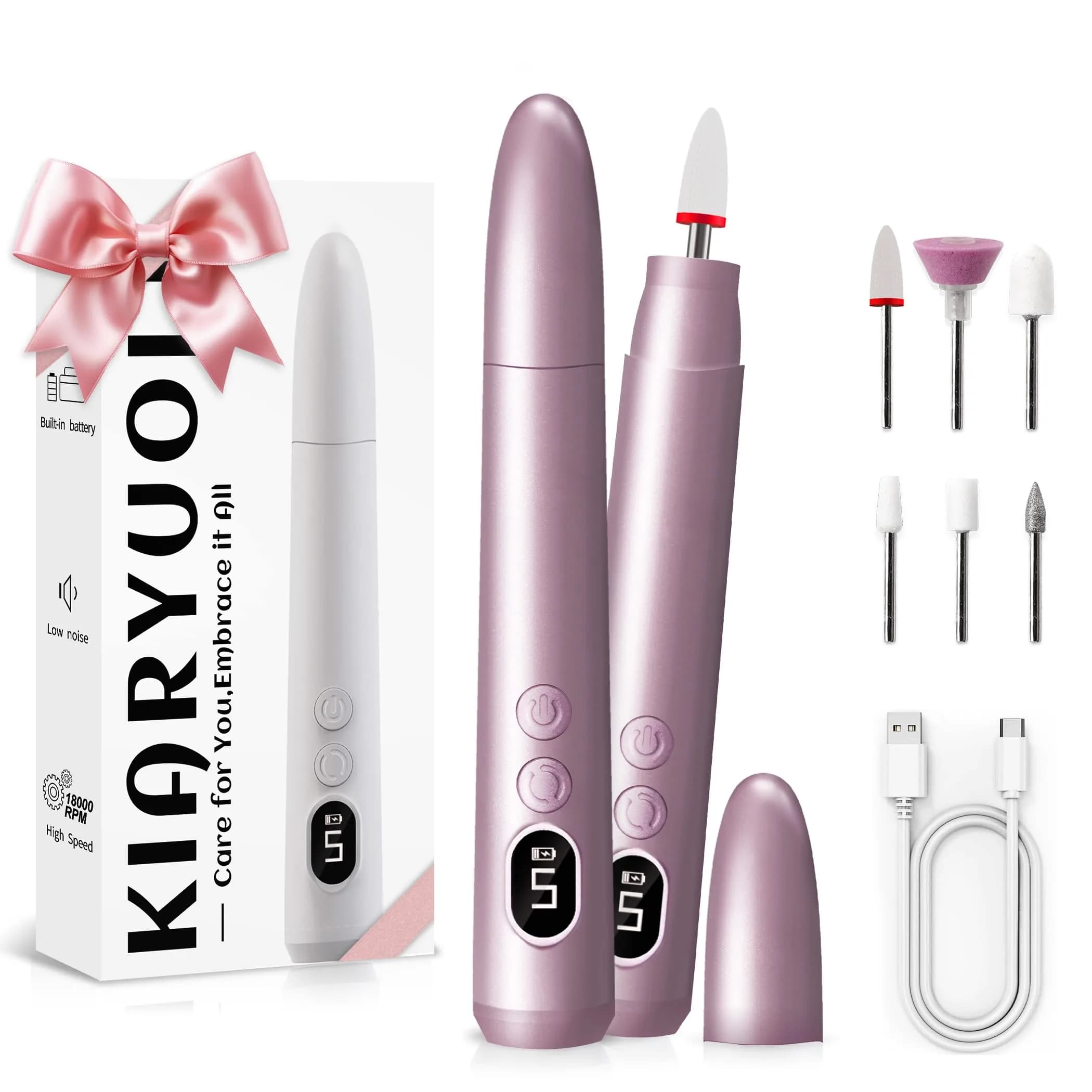 KIARYUOLL Cordless Electric Nail Drill Kit Purple | 5 Speeds 10,000-18,000 RPM, 4-Hour Battery Life, LED Light
