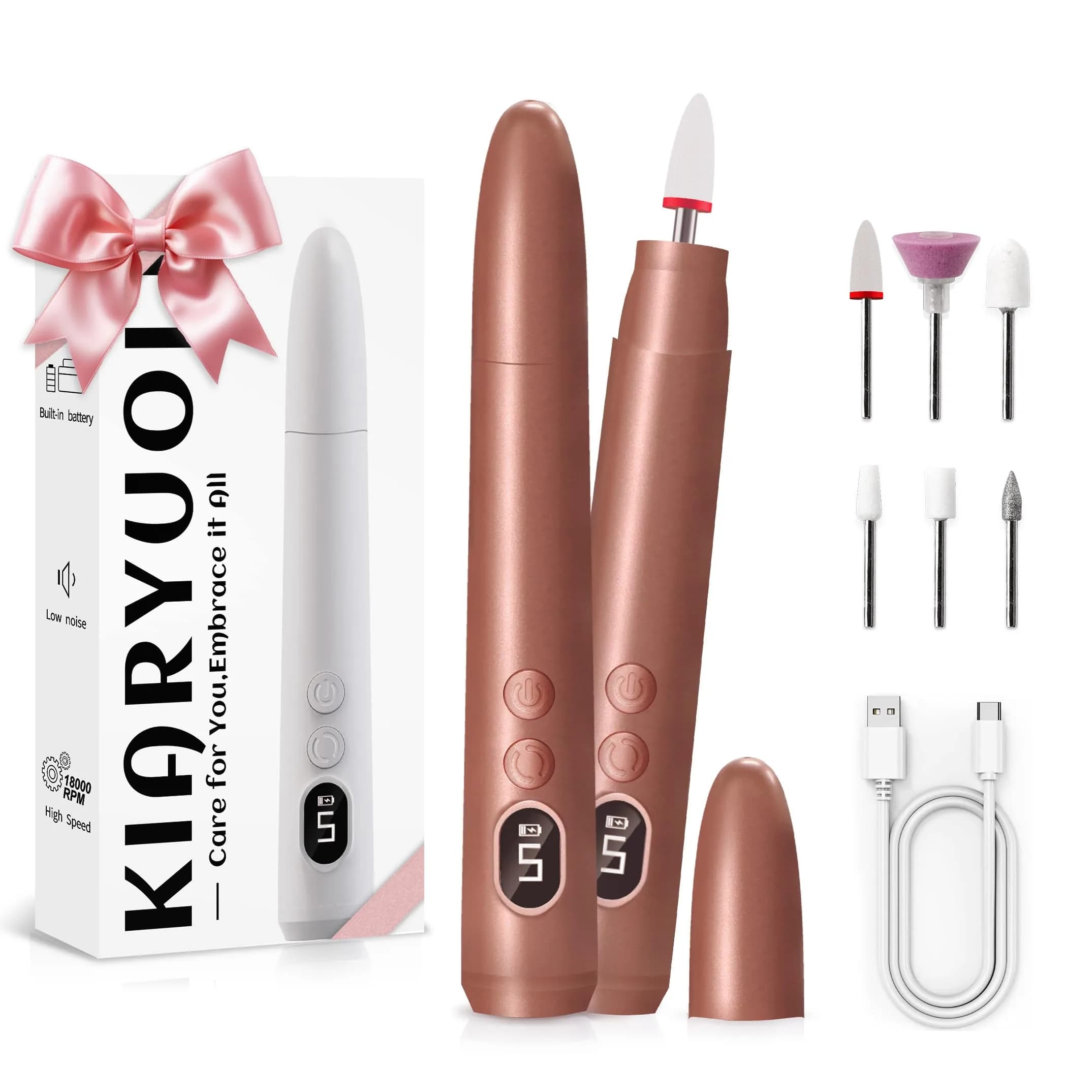 KIARYUOLL Cordless Rechargeable Nail Drill Kit, 5 Speed LED Gold | 18000 RPM Max Speed — Gold