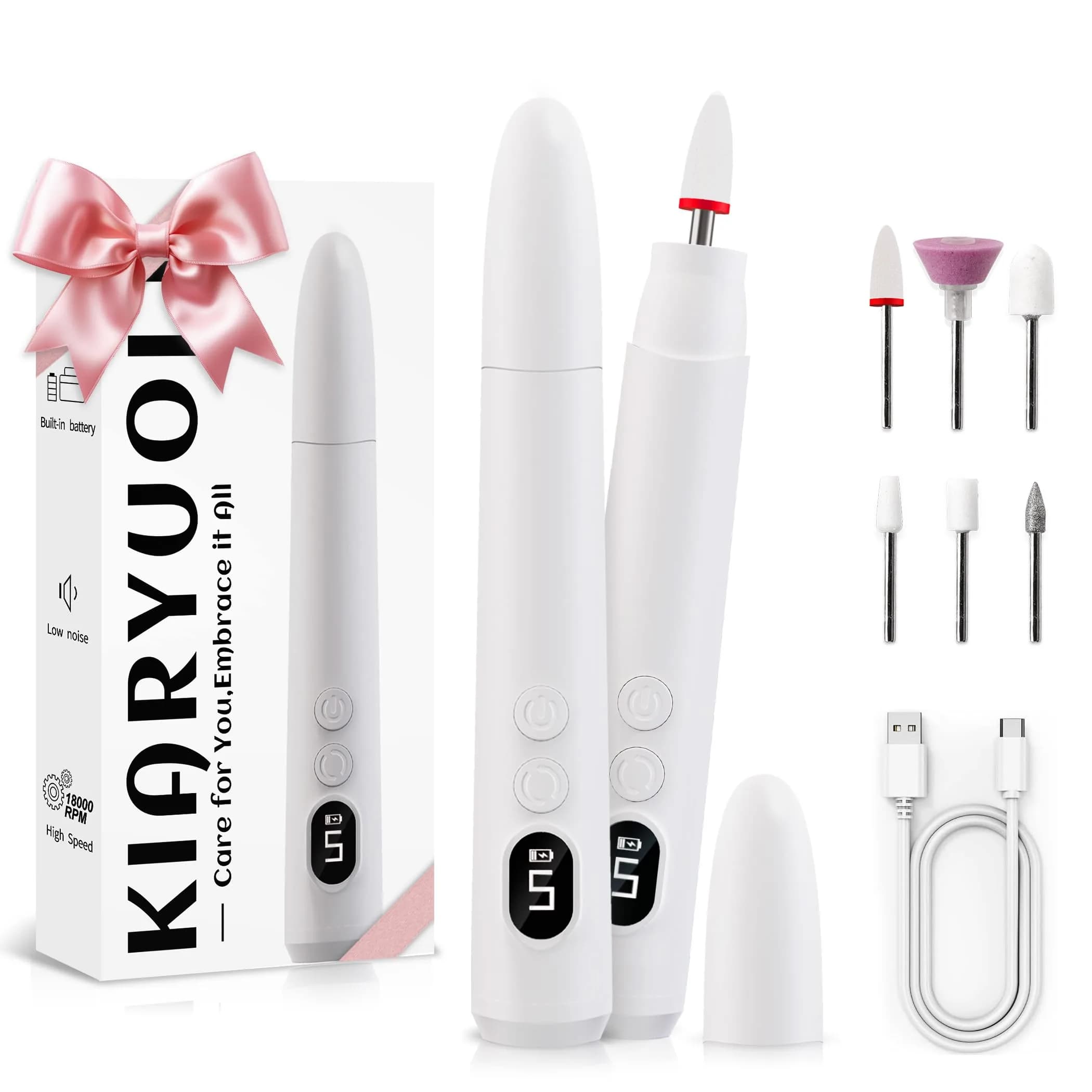 KIARYUOLL Cordless Rechargeable Nail Drill Kit, 5 Speed LED Gold | 18000 RPM Max Speed — White