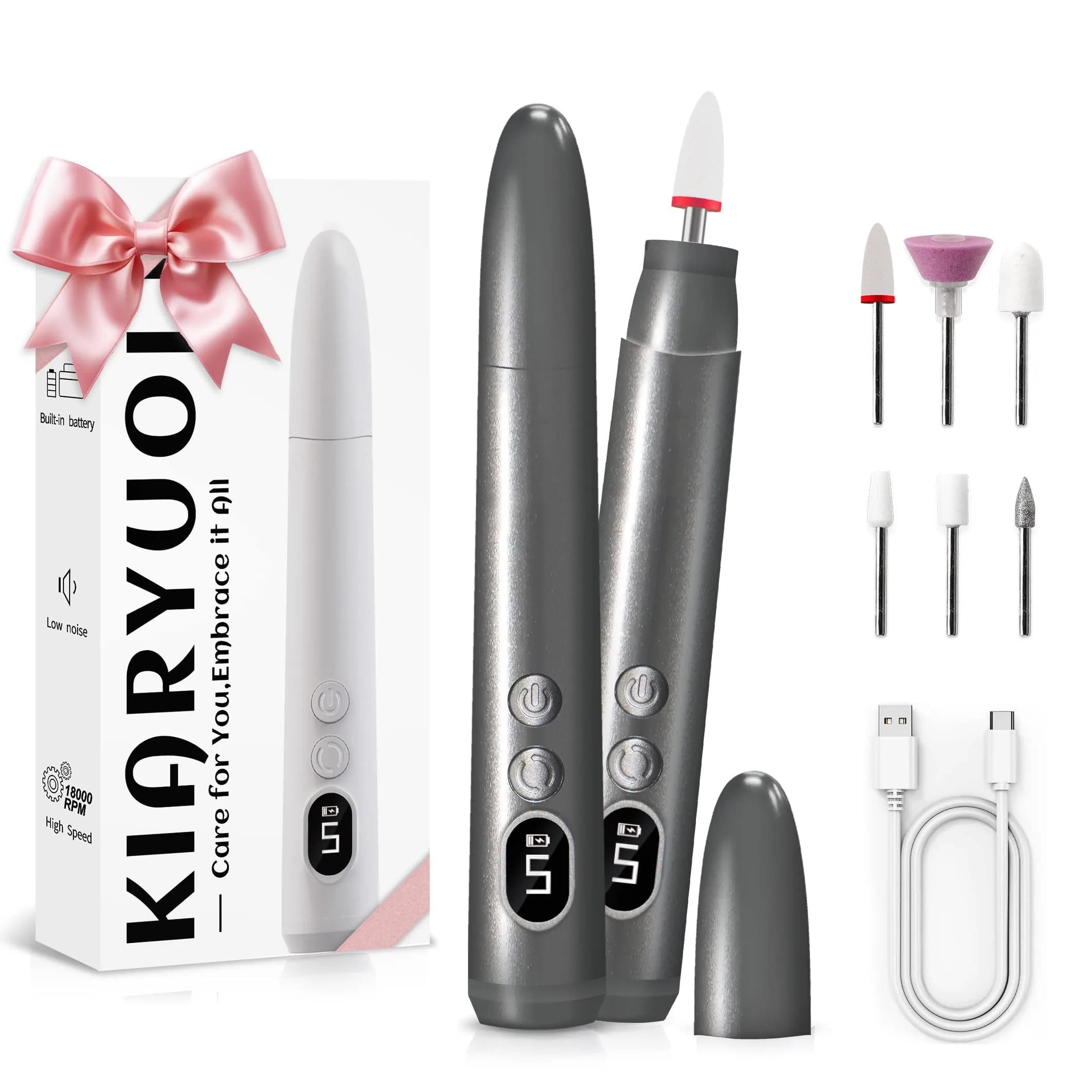 KIARYUOLL Cordless Rechargeable Nail Drill Kit, 5 Speed LED Gold | 18000 RPM Max Speed — Grey