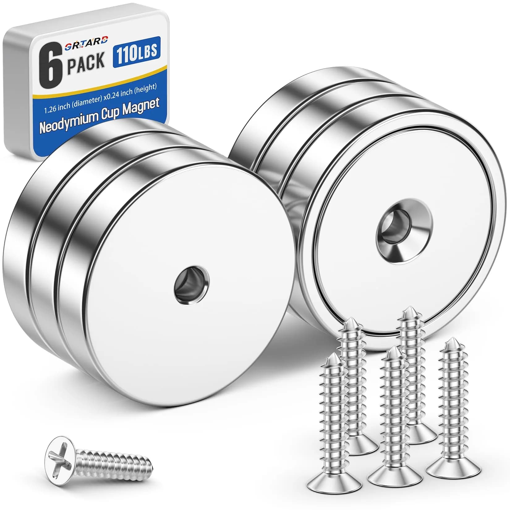 Grtard 60LB Neodymium Cup Magnets with Countersunk Hole, 8 Pack, 2.5cm (0.98'') Diameter | Heavy Duty Rare Earth Magnets for Tools & Workshop — 110lbs