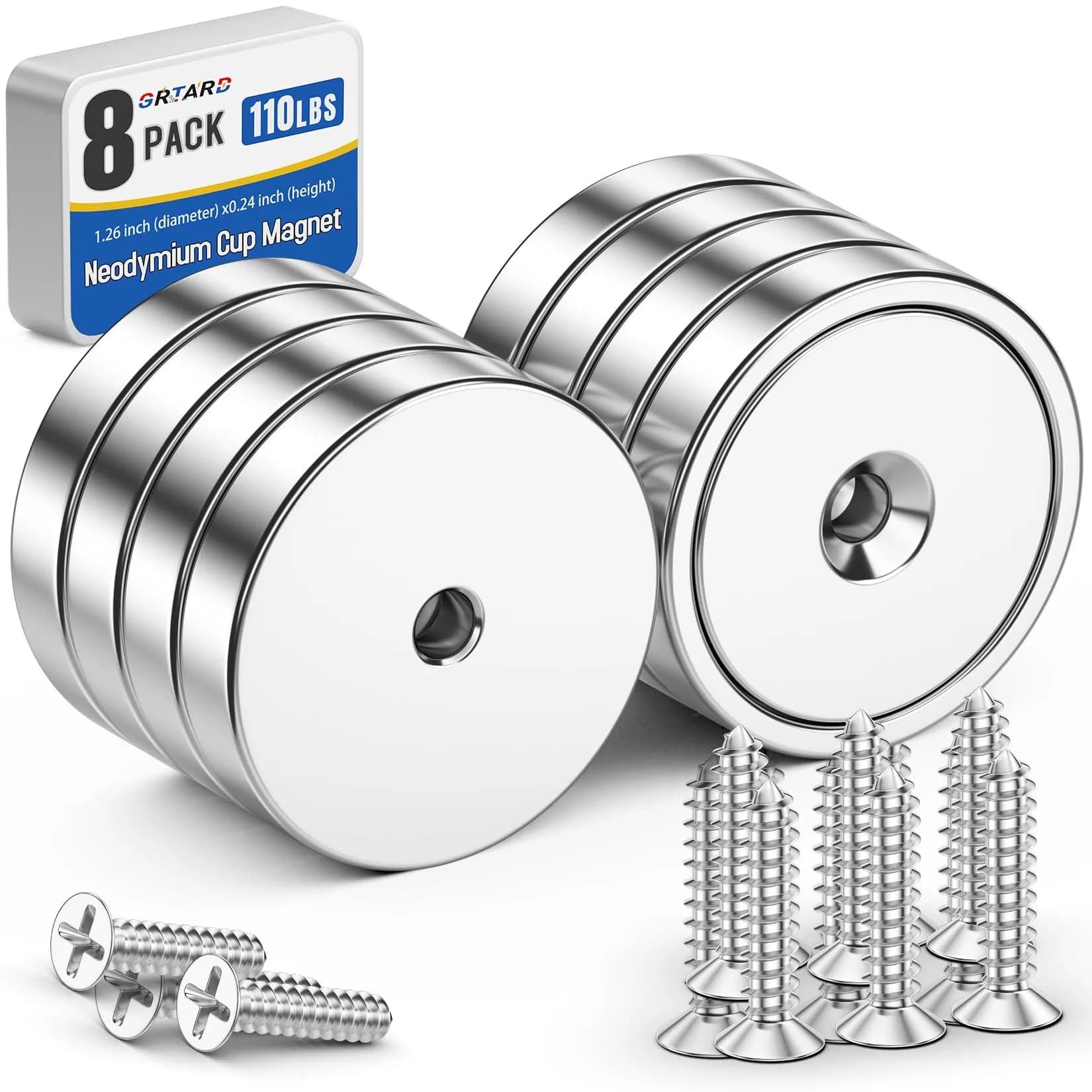 Grtard 110 lb (49.9 kg) Neodymium Cup Magnets, 8-Pack with Screws | Heavy Duty Countersunk Rare Earth Magnets