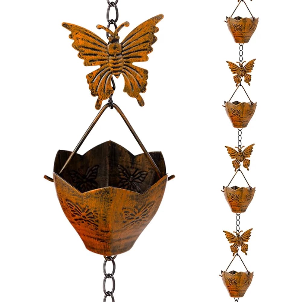 giole Lotus Rain Chain 3.05m (10ft) with 12 Cups & Bell | Decorative Downspout Alternative for Indian Homes — Copper-Butterfly