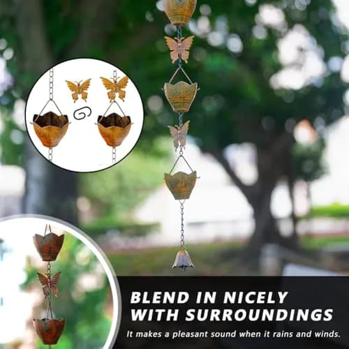 giole 9.2ft Butterfly Rain Chain with 12 Cups | Decorative Metal Downspout Alternative thumbnail 4