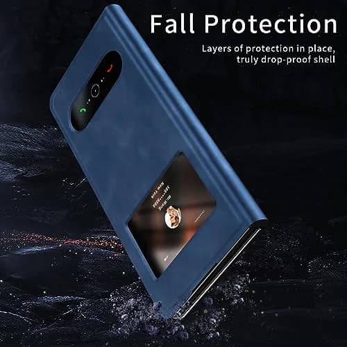 XIMAND Blue Napa Leather Flip Case for Samsung Galaxy Z Fold 6 | Open Window, Hidden Kickstand, Hinge Protection thumbnail 4