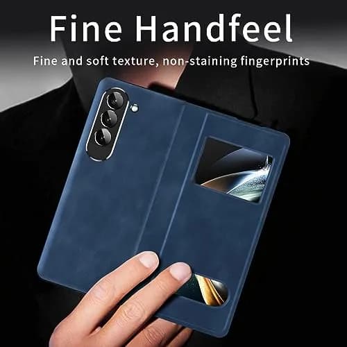 XIMAND Blue Napa Leather Flip Case for Samsung Galaxy Z Fold 6 | Open Window, Hidden Kickstand, Hinge Protection thumbnail 5