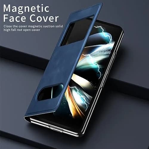 XIMAND Blue Napa Leather Flip Case for Samsung Galaxy Z Fold 6 | Open Window, Hidden Kickstand, Hinge Protection thumbnail 2