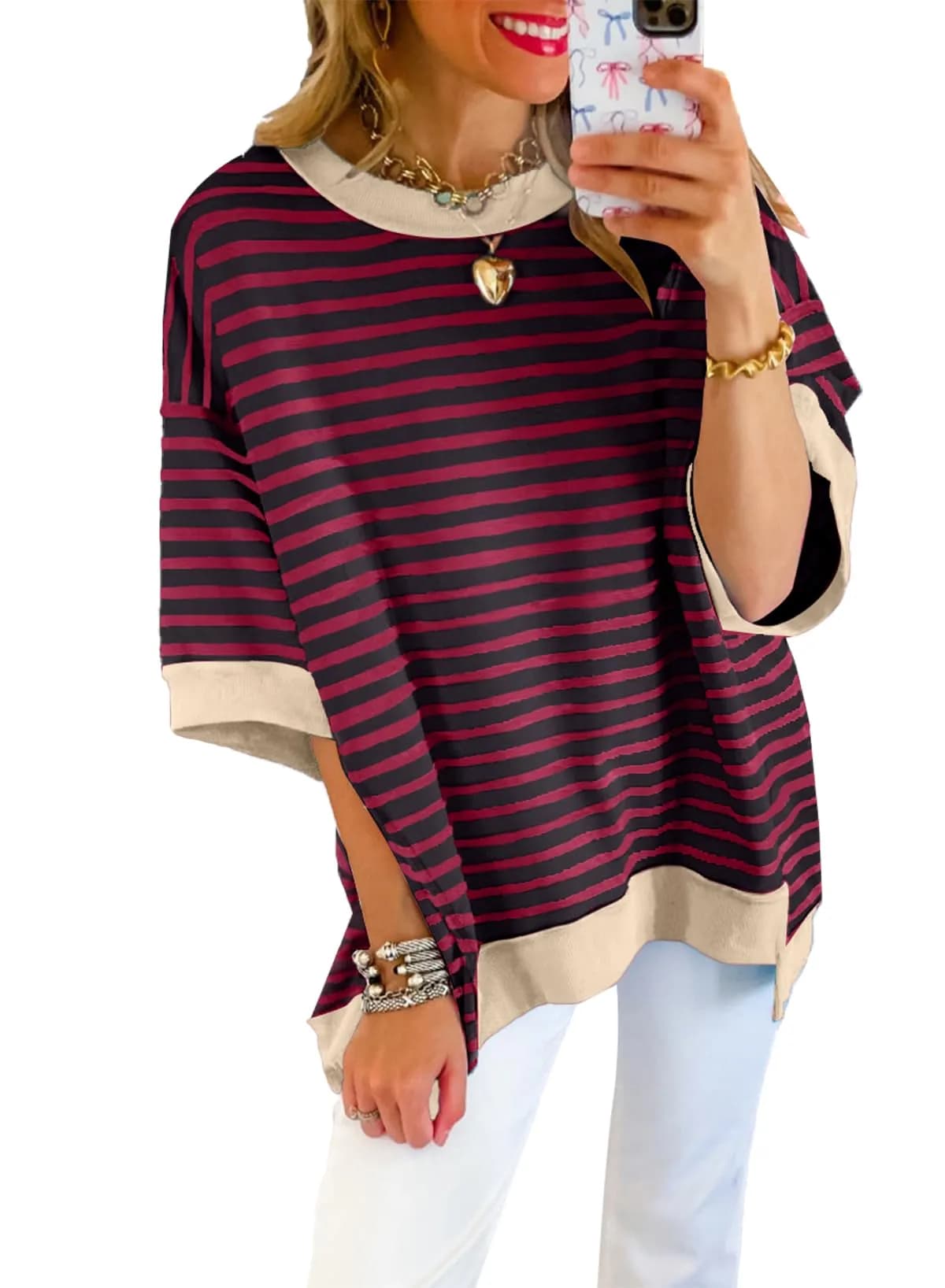 SHEWIN Women Oversized Top Striped Sweatshirt Pullover Shirt Red, 2XL | Casual Loose Fit Crewneck - main product image