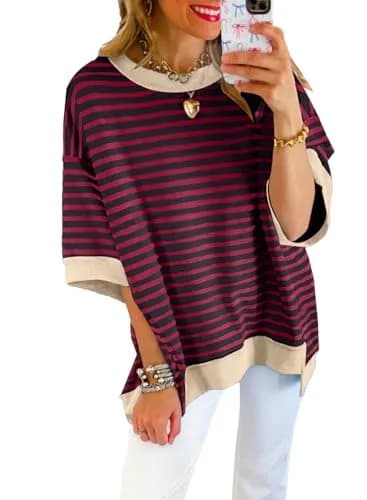 SHEWIN Women Oversized Top Striped Sweatshirt Pullover Shirt Red, 2XL | Casual Loose Fit Crewneck thumbnail 1