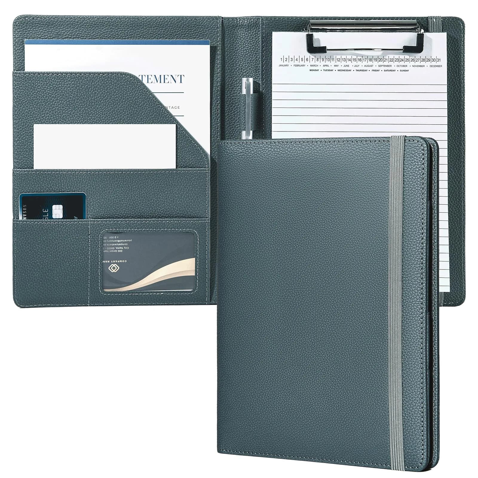 Mymazn Small A5 Padfolio with Clipboard & Elastic Closure, Blue Faux Leather | Fits 5x8 Inch Writing Pads — Grey Green
