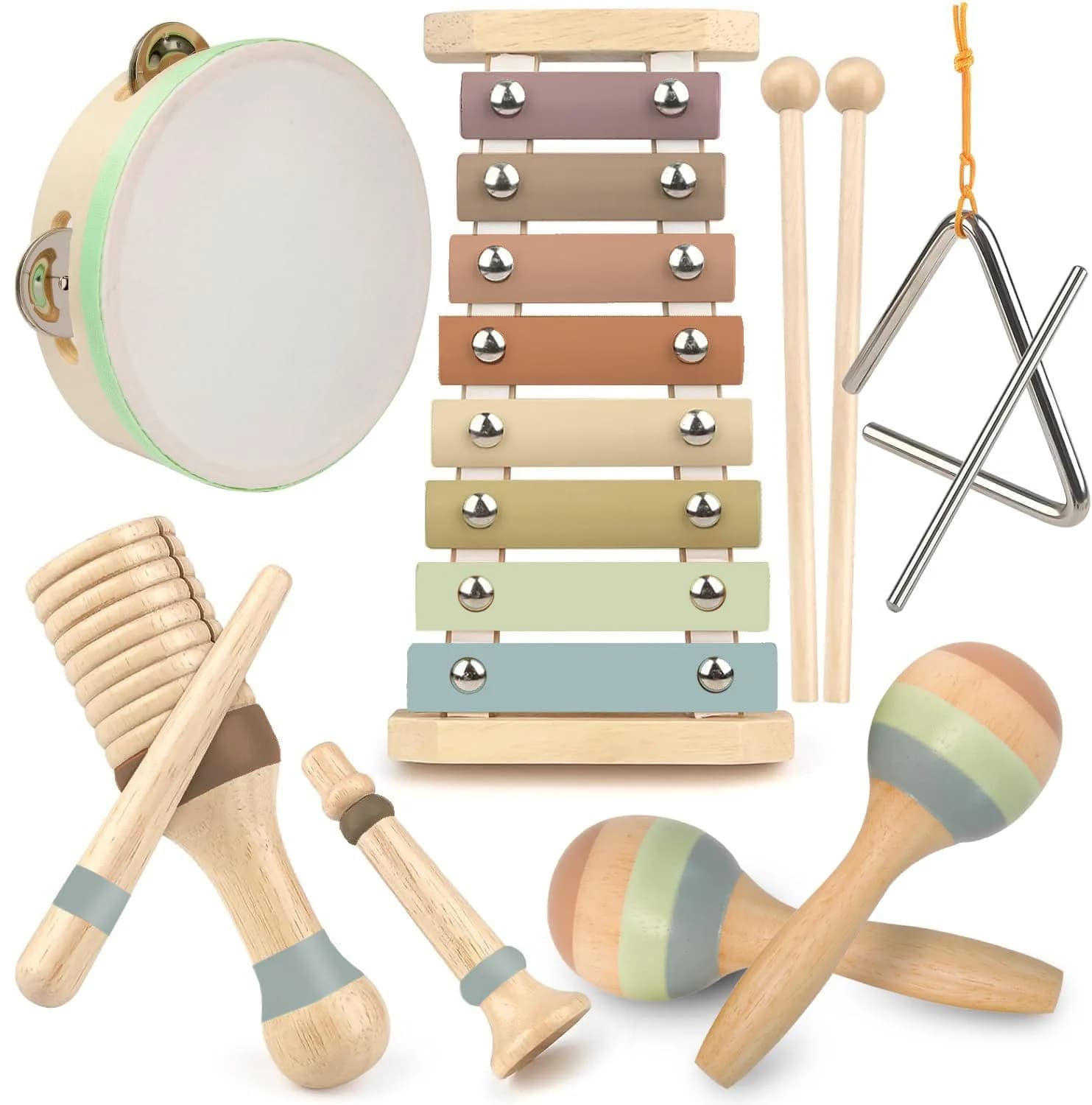 Stoie's Wooden Toddler Musical Instruments with Xylophone, Maracas, Triangle, Tamburine for Babies and Kids | Eco Friendly Montessori Toy