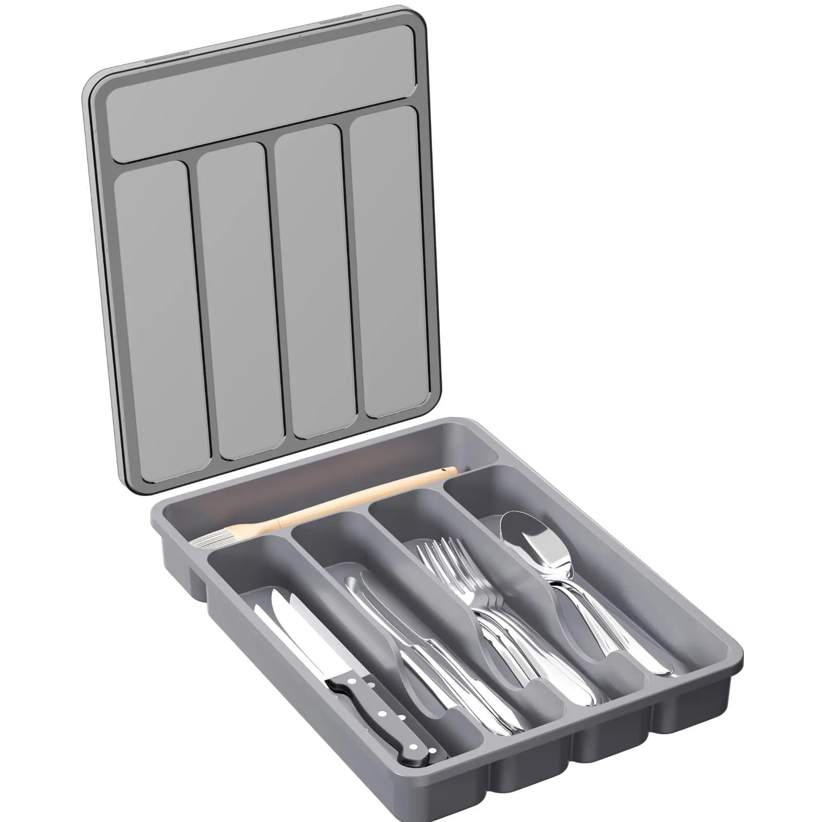 Lifewit Silverware Organizer with Lid, Covered Utensil Tray, 9.5x12.7 inches | Dust-Free Cutlery Storage