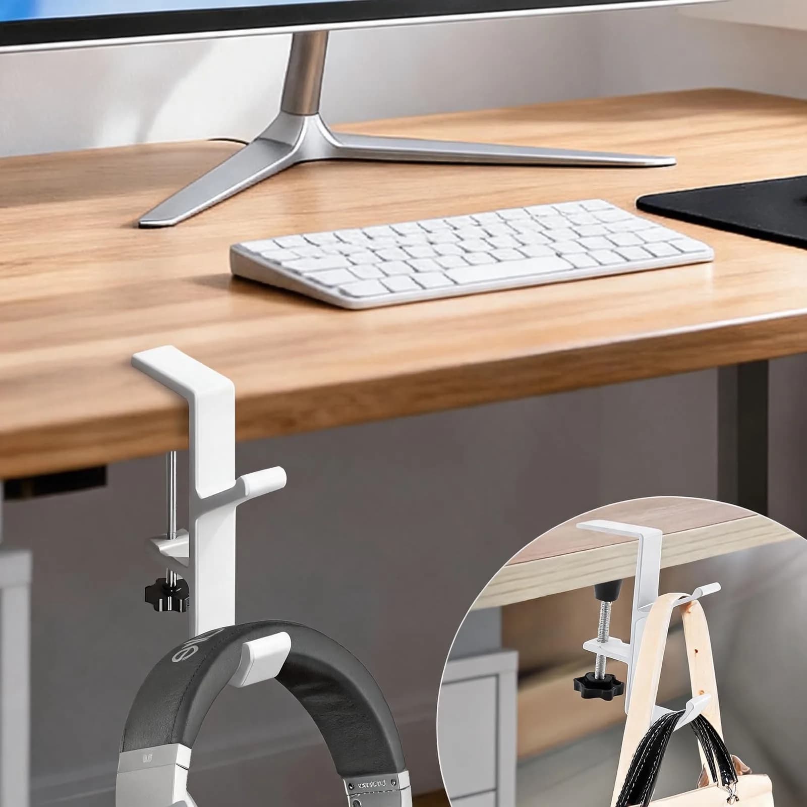 CaLeQi White Double Hook Desk Mount Bag Holder Clamp 10.2 cm (4 inch) | Max 13.6 kg (30 lb) Capacity - main product image