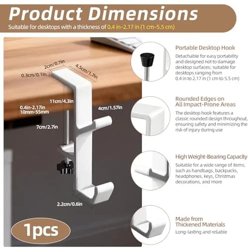 CaLeQi White Double Hook Desk Mount Bag Holder Clamp 10.2 cm (4 inch) | Max 13.6 kg (30 lb) Capacity thumbnail 2