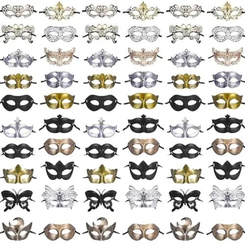 Chivao 60 Pcs Halloween Masquerade Masks Bulk (20 Styles, Gold/Silver/Brass/Black) | Modern Retro Design for Parties thumbnail 1