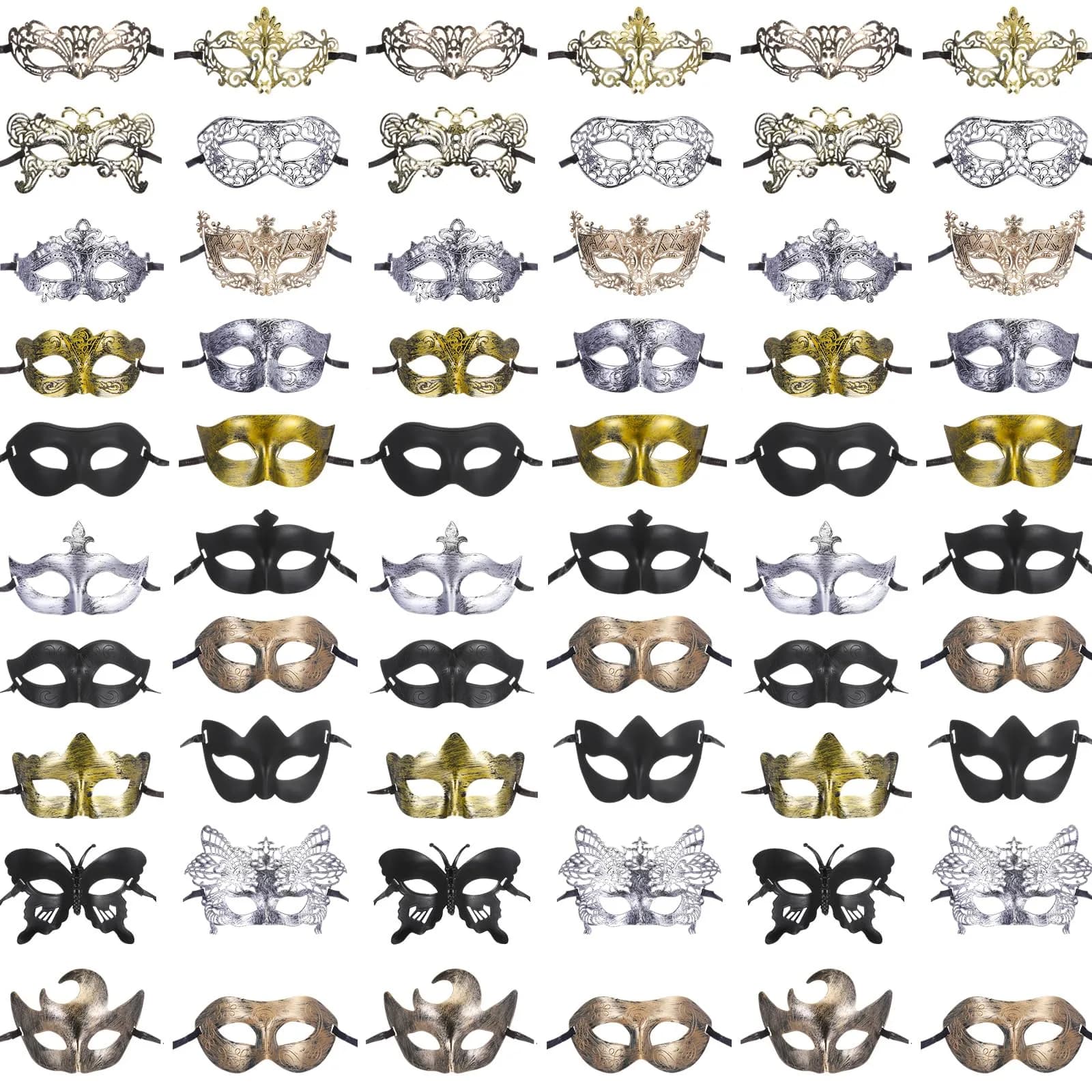 Chivao 60 Pcs Halloween Masquerade Masks Bulk (20 Styles, Gold/Silver/Brass/Black) | Modern Retro Design for Parties - main product image