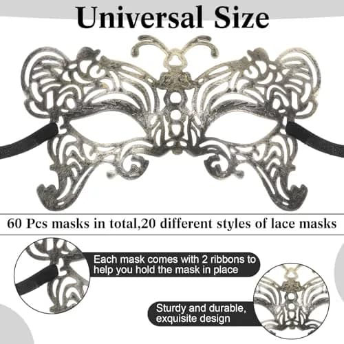 Chivao 60 Pcs Halloween Masquerade Masks Bulk (20 Styles, Gold/Silver/Brass/Black) | Modern Retro Design for Parties thumbnail 2