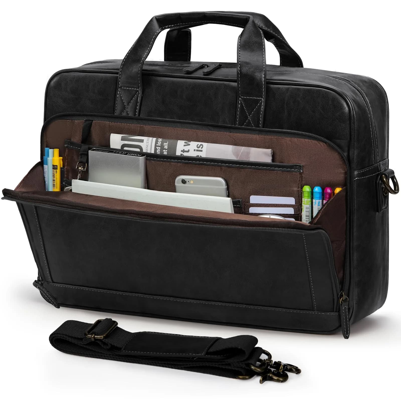 RAINSMORE Men's Leather Laptop Briefcase 43.4cm (17.1 inch) | Vintage Messenger Bag for Business & Travel — Black