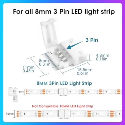 WENHSIN 3-Pin RGB LED Light Strip Connectors 8mm (0.31in) | Solderless Adapter Terminal Extension for 72W Strips thumbnail 2