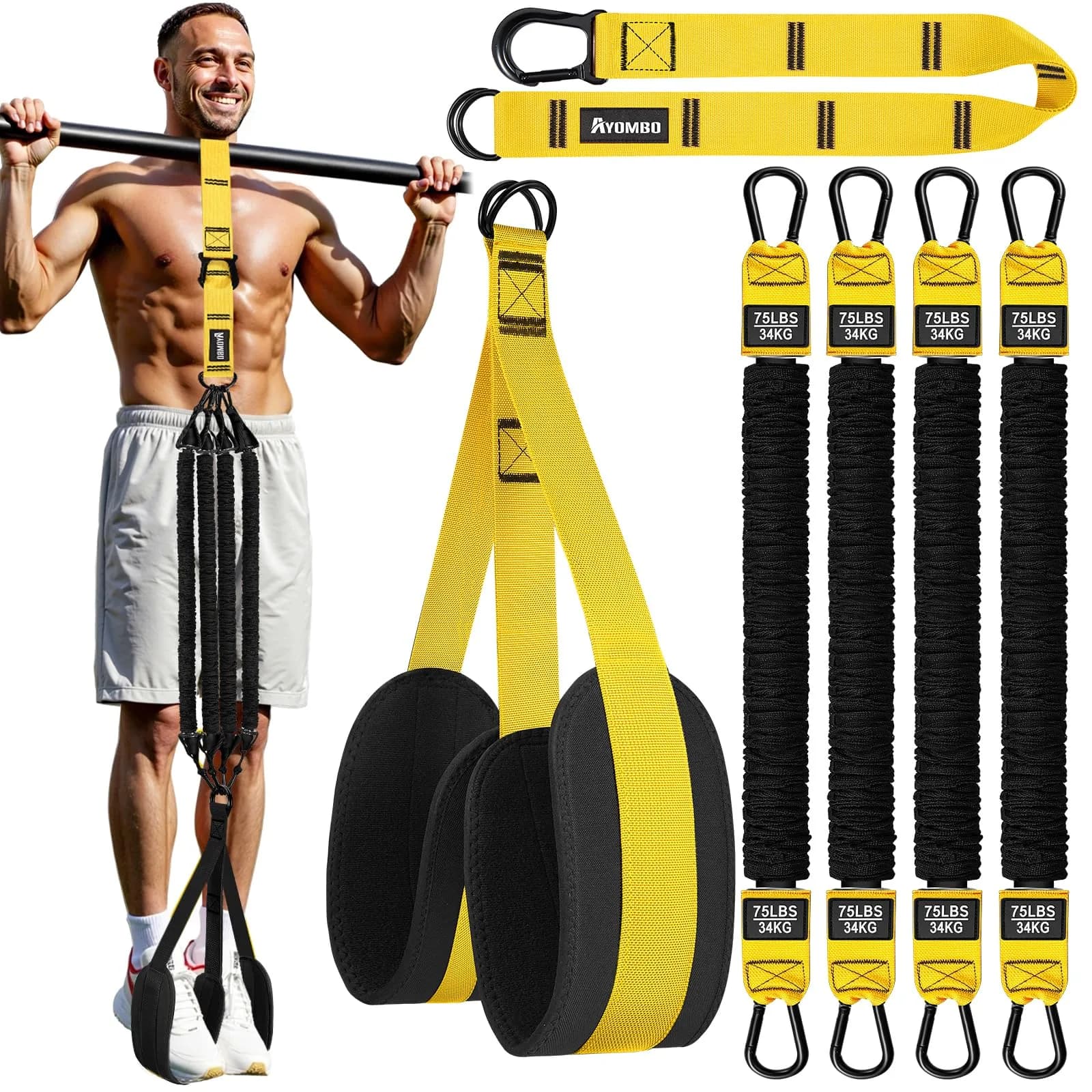 Ayombo Adjustable Pull Up Assistance Bands Set | 75lb-300lb Resistance, Natural Rubber Latex Tubes, 1.36kg (3lb) — Yellow